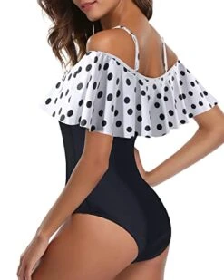 Ruffled Flounce One Piece Swimsuit Off Shoulder Retro Swimwear-White Black Polka Dots -Bikini Beach Shop 419g5ugYG8L
