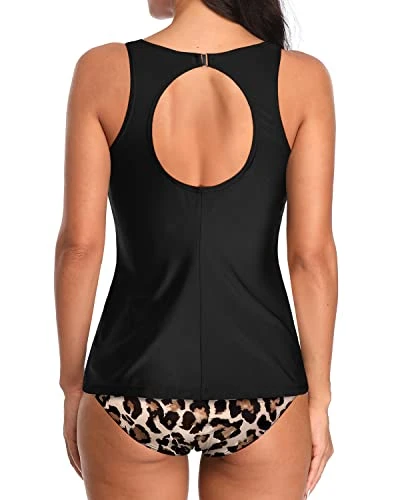Tummy Control Bathing Suits High Neck Tankini Top Bottoms-Black And Leopard 2 Tummy Control Bathing Suits High Neck Tankini Top Bottoms-Black And Leopard - Image 2