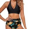 Push Up Halter Tummy Control Two Piece High Waisted Bikini Set-Black Floral