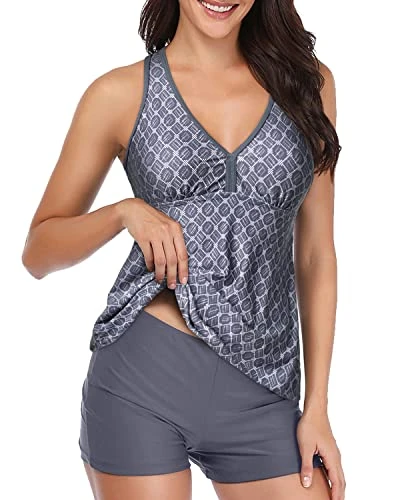 Tummy Control Two Piece Swimsuit Racerback Tankini-Grey Tribal 2 Tummy Control Two Piece Swimsuit Racerback Tankini-Grey Tribal - Image 2