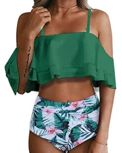 New Release 21 Removable Padded Push Up Two Piece High Waisted Bikini Set-Green Tropical Floral