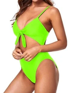 Spaghetti Strap Adjustable Tie Knot Front V Neck 1 Piece Swimsuits-Neon Green -Bikini Beach Shop 41A3Ex3YWML