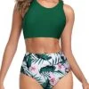 Two Piece Full Coverage Tummy Control Bikini Set-Green Tropical Floral