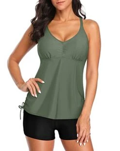 V-Neck Ruched Front Tummy Control Tankini Boyshorts-Olive Green 7 V-Neck Ruched Front Tummy Control Tankini Boyshorts-Olive Green -Bikini Beach Shop 41AHLIM1EAL