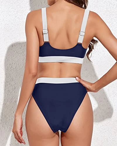 Women High Rise Athletic Bathing Suits Sporty Scoop Neck Bikini-Navy Blue And White 2 Women High Rise Athletic Bathing Suits Sporty Scoop Neck Bikini-Navy Blue And White - Image 2