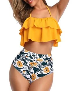 Two Piece Sexy Halter High Waisted Bikini For Teen Girls-Yellow Floral -Bikini Beach Shop 41AVaN0UlSL