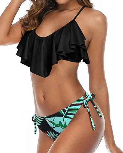 Flounce Cross Back Bathing Suit Bikini For Women Set-Black And Green Leaf 3 Flounce Cross Back Bathing Suit Bikini For Women Set-Black And Green Leaf - Image 3