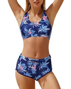 Mid Waist Boyleg Shorts Two Piece Bathing Suits For Women-Blue Floral -Bikini Beach Shop 41A vis1FbL