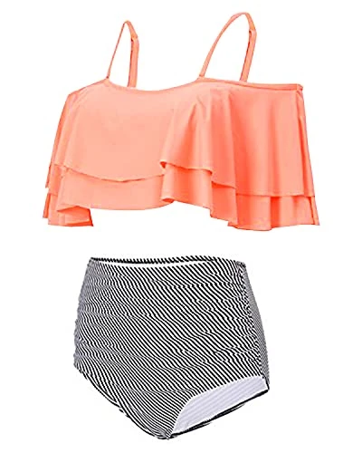 Elegant High Waisted Bikini Set Swimsuit Tummy Control-Coral Pink Stripe 4 Elegant High Waisted Bikini Set Swimsuit Tummy Control-Coral Pink Stripe - Image 4