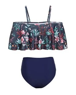 Gorgeous Two Piece High Waisted Ruffle Bikini Set-Blue Colorul Flowers -Bikini Beach Shop 41AphoSYDBL