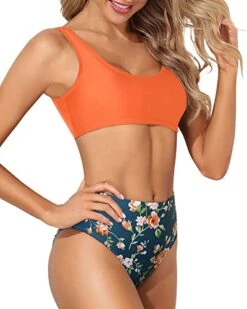 High Waisted Bikini Bottom For Long Torso Two Piece Scoop Neck Bikini-Orange Flowers -Bikini Beach Shop 41BC03hlFIL