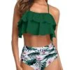 Feminine Tiered Ruffle Two Piece Swimsuit For Juniors And Teens-Green Tropical Floral