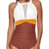 Chic High Neck Mesh Monokini Women One Piece Swimsuit-Whtie Yellow Brown