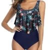 Tummy Control Women Ruffled Flounce Bikini Swimsuit-Blue Colorul Flowers