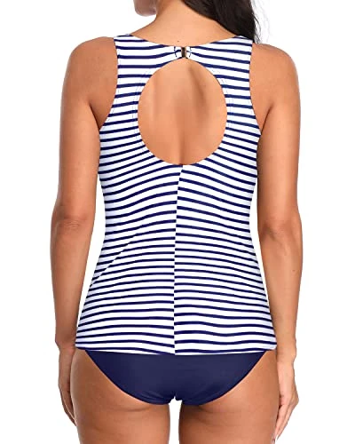 Backless High Neck Tankini Top Bottoms For Summer-Blue White Stripe 2 Backless High Neck Tankini Top Bottoms For Summer-Blue White Stripe - Image 2