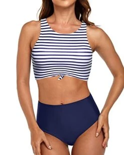Tie Knot Front Bikini Set Sporty Two Piece Swimsuits-Blue White Stripe