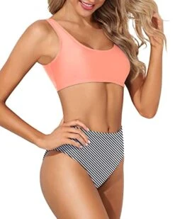 Women's Sporty Bathing Suit Crop Top High Cut Swimsuit-Coral Pink Stripe -Bikini Beach Shop 41BpK7Cp6gL