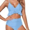 Feminine Deep V Neck Ruffle High Waisted Bikini Ruched-Light Blue