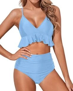 Feminine Deep V Neck Ruffle High Waisted Bikini Ruched-Light Blue