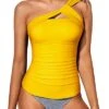 Women's 2 Piece One Shoulder Tankini Swimsuit Shorts-Yellow Stripe