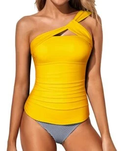 Women's 2 Piece One Shoulder Tankini Swimsuit Shorts-Yellow Stripe