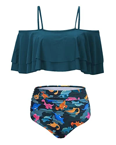 Charming High Waisted Ruffle Bikini Set For Women-Blue Green Dinosaur 2 Charming High Waisted Ruffle Bikini Set For Women-Blue Green Dinosaur - Image 2