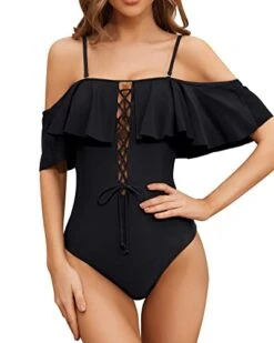 Lace-Up Front Off Shoulder Ruffle One Piece Swimsuit For Women-Black -Bikini Beach Shop 41CIfuEx0mL