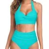 Women's Push Up Padded Halter High Waist High Leg Bikini Swimsuit-Aqua