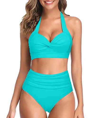 Women's Push Up Padded Halter High Waist High Leg Bikini Swimsuit-Aqua 1 Women's Push Up Padded Halter High Waist High Leg Bikini Swimsuit-Aqua