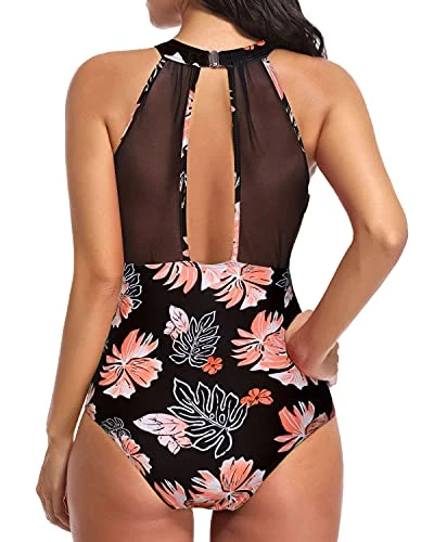 Elegant High Neck Women's Monokini Swimsuit-Black Orange Floral 2 Elegant High Neck Women's Monokini Swimsuit-Black Orange Floral - Image 2