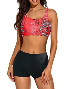 Athletic 3 Piece Tankini Swimwear Keyhole For Women-Red Floral -Bikini Beach Shop 41CNOreWBcL
