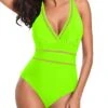 Plunge V Neck Mesh Hollow Out Sexy Halter One Piece Swimsuit-Neon Green