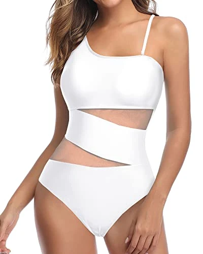 Women One Shoulder One Piece Mesh Tummy Control Swimsuits-White 1 Women One Shoulder One Piece Mesh Tummy Control Swimsuits-White