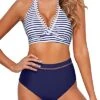 Breathable Mesh V Neck High Waisted Bikini Sets For Women-Blue White Stripe