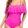 Off Shoulder Ruffled Retro Bathing Suit Flounce Printed One Piece Swimsuit-Neon Pink