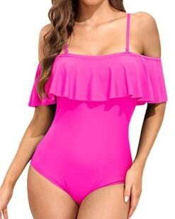 Bikini Beach Shop 33 Off Shoulder Ruffled Retro Bathing Suit Flounce Printed One Piece Swimsuit-Neon Pink