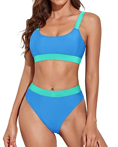Women Adjustable Shoulder Strap Swimsuits Sporty Scoop Neck Bikini-Light Blue And Light Green 1 Women Adjustable Shoulder Strap Swimsuits Sporty Scoop Neck Bikini-Light Blue And Light Green