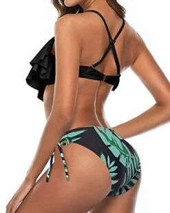 Flounce Cross Back Bathing Suit Bikini For Women Set-Black And Green Leaf 7 Flounce Cross Back Bathing Suit Bikini For Women Set-Black And Green Leaf -Bikini Beach Shop 41DDj 9z7aL