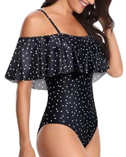 Flattering Off Shoulder One Piece Swimsuit Ruffles-Black White Dot -Bikini Beach Shop 41DLmt3AK L