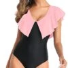 Flattering V Neck Ruffle Shoulders One Piece Swimsuit For Women-Pink And Black
