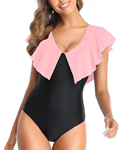 Flattering V Neck Ruffle Shoulders One Piece Swimsuit For Women-Pink And Black 1 Flattering V Neck Ruffle Shoulders One Piece Swimsuit For Women-Pink And Black