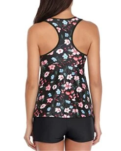 Tummy Control Two Piece Racerback Top And Shorts For V Neck Swimsuit-Black And Pink Floral -Bikini Beach Shop 41DV2Wni1TL