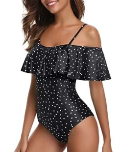 Long Torso Printed One Piece Swimsuit For Women Ruffled Flounce Bathing Suit-Black White Dot -Bikini Beach Shop 41DWK4T6eRL