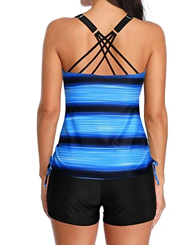 Adjustable Shoulder Straps 2 Piece Tankini Bathing Suit-Blue And Black Stripe 2 Adjustable Shoulder Straps 2 Piece Tankini Bathing Suit-Blue And Black Stripe - Image 2