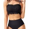 Ruffle Bandeau Bikini Set High Waisted Bottoms For Women-Black