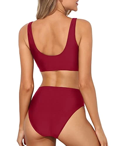 Bathing Suit Sexy Cheeky Bottom Two Piece Scoop Neck Bikini For Women-Red 2 Bathing Suit Sexy Cheeky Bottom Two Piece Scoop Neck Bikini For Women-Red - Image 2