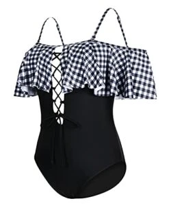 Flirty Lace-Up Off-Shoulder One Piece Swimsuit For Women-Black And White Checkered -Bikini Beach Shop 41DtzcB1nLL