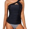 Flattering Two Piece Tankini Bathing Suits One Shoulder Swim Top And Shorts Swimsuits-Black Stripe