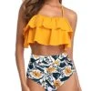 Two Piece Sexy Halter High Waisted Bikini For Teen Girls-Yellow Floral