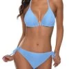 Tie Side Bottom Triangle Thong Bikini Swimsuit For Women-Light Blue